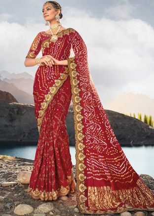 Red Bandhej Printed Saree In Satin