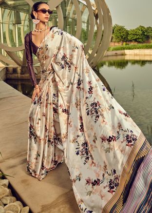 White Digital Printed Satin Saree & Blouse