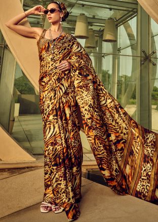 Orange Tiger Print Satin Silk Saree