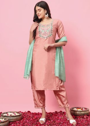Readymade Peach Embroidered Pant Suit Set