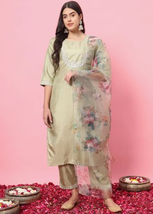 Sage Green Readymade Embroidered Pant Suit In Art Silk