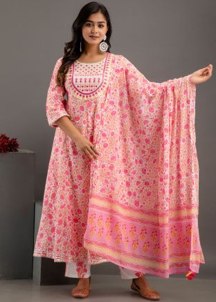 Pink Readymade Digital Printed Cotton Pant Suit