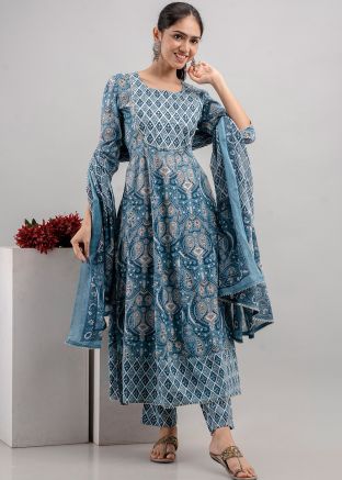 Blue Digital Printed Readymade Cotton Suit Set