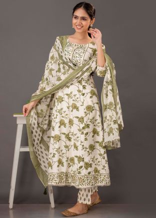 White & Green Printed Readymade Cotton Suit 