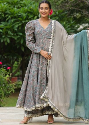 Readymade Grey Floral Printed Angrakha Palazzo Suit