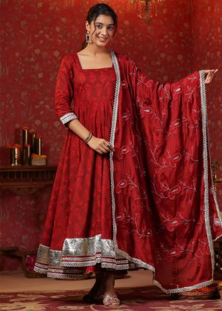 Readymade Maroon Printed Anarkali Suit In Cotton