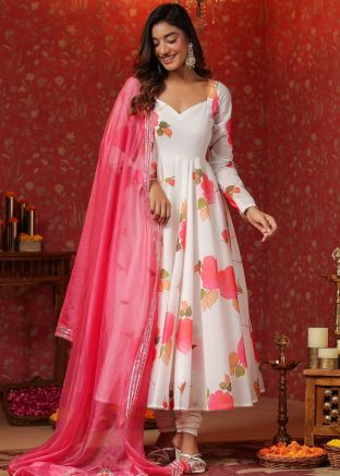 White Floral Printed Readymade Anarkali Suit Set