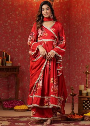 Readymade Red Floral Printed Angrakha Style Suit