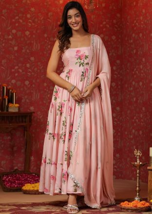 Pink Readymade Tiered Anarkali Suit In Floral Print