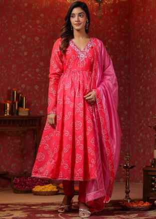 Pink Readymade Bandhej Printed Anarkali Style Suit