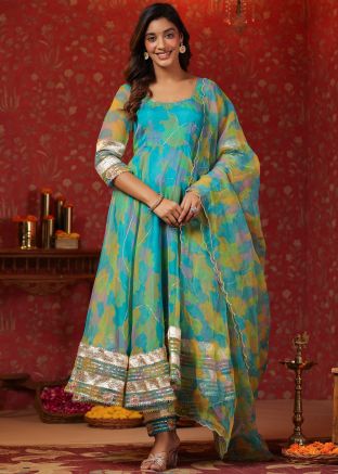 Blue Printed Anarkali Suit Set In Organza