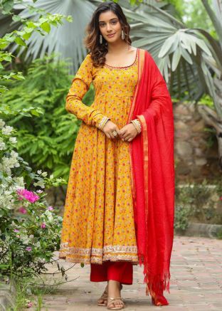 Yellow Printed Anarkali Suit Set In Crape