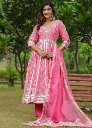 Pink Gota Patti Work Anarkali Suit Set