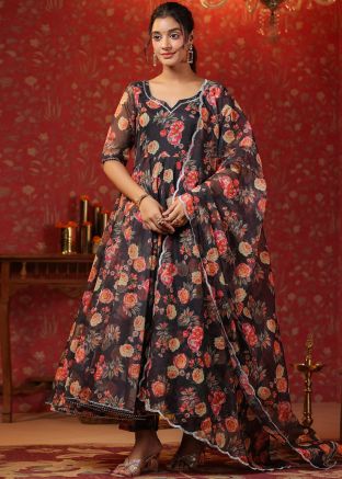Black Floral Printed Anarkali Suit Set