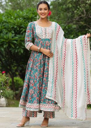 Green Floral Printed Anarkali Suit Set