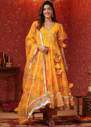 Yellow Floral Printed Anarkali Suit Set