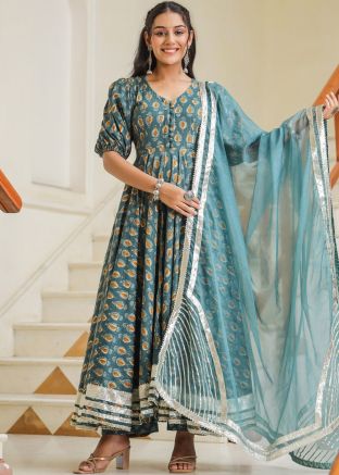 Blue Printed Anarkali Suit Set In Cotton