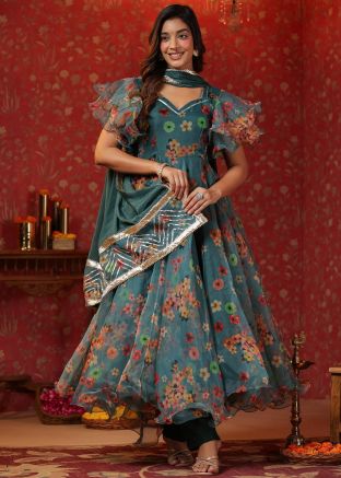 Teal Green Floral Printed Anarkali Suit Set