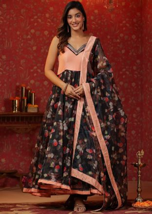 Black Floral Printed Anarkali Suit Set