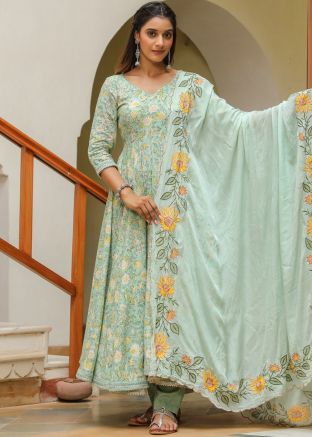 Green Floral Printed Anarkali Suit Set