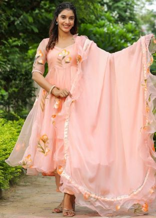 Peach Floral Printed Anarkali Suit Set