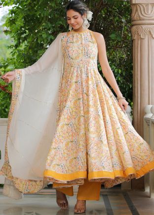 Cream Printed Anarkali Suit Set