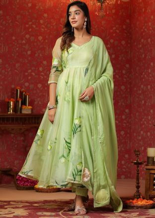 Green Floral Printed Anarkali Suit Set