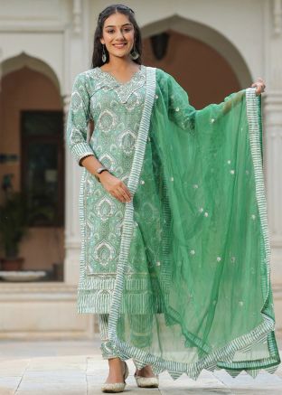 Green Print Readymade Cotton Pant Suit