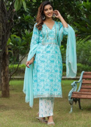 Light Blue Print Readymade Pant Suit In Cotton