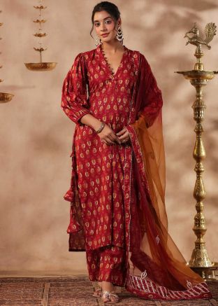 Maroon Readymade Cotton Pant Suit In Digital Print