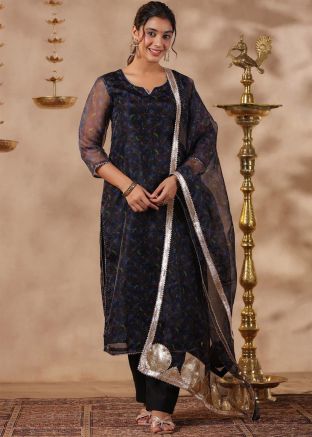 Black Print Readymade Pant Suit In Organza