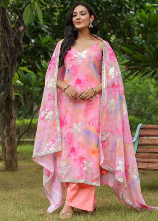 Pink Print Readymade Pant Suit In Georgette