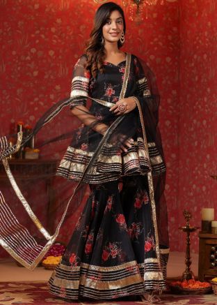 Black Printed Readymade Sharara Suit In Organza