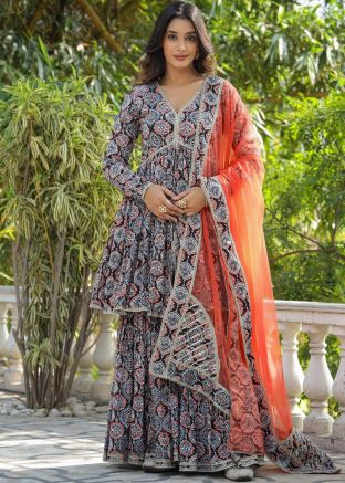 Black Printed Readymade Pant Suit Set In Cotton