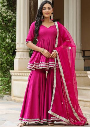 Pink Print Readymade Pant Suit In Cotton