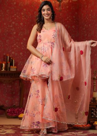 Salmon Pink Printed Readymade Organza Gharara Suit