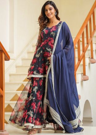 Blue Readymade Printed Gharara Suit In Organza