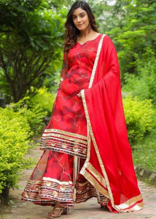 Readymade Print Organza Gharara Suit In red