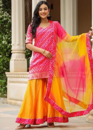 Pink Print Readymade Gharara Suit In Art Silk