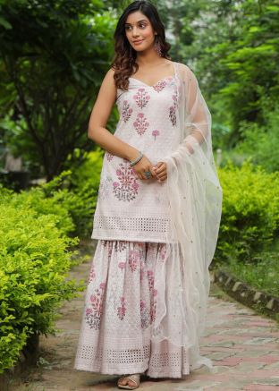 Off White Printed Readymade Gharara Suit In cotton