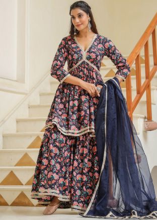 Dark Blue Printed Readymade Cotton Gharara Suit