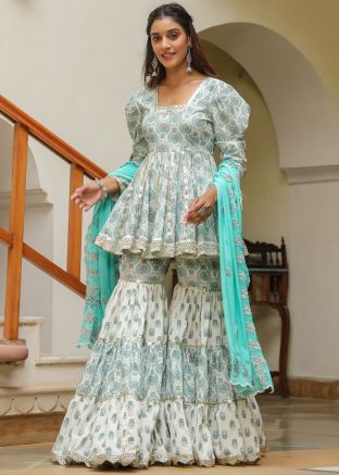 Off White Printed Readymade Gharara Suit In Cotton