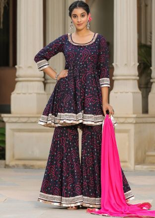 Blue Print Readymade Cotton Gharara Suit 