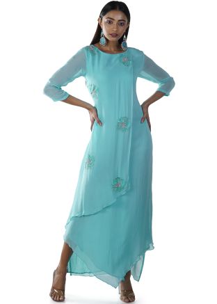 Readymade Turquoise Hand Embroidered Layered Dress