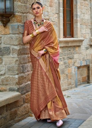Brown & Yellow Viscose Saree In Zari Woven Work