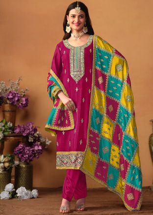 Magenta Embroidered Pant Suit In Chiffon