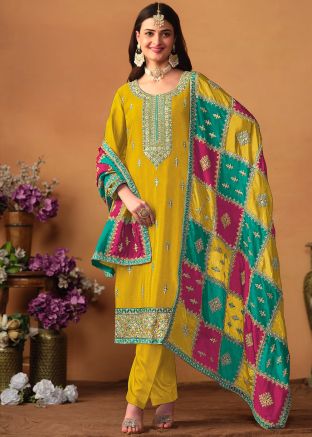 Yellow Embroidered Chiffon Pant Suit Set