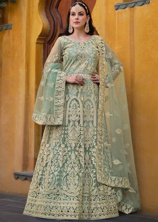 Seafoam Green Embroidered Net Anarkali Suit