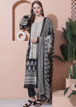 Black Floral Print Pant Suit In Cotton