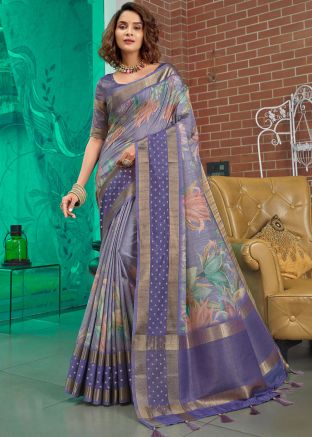 Purple Floral Print Silk Saree With Blouse